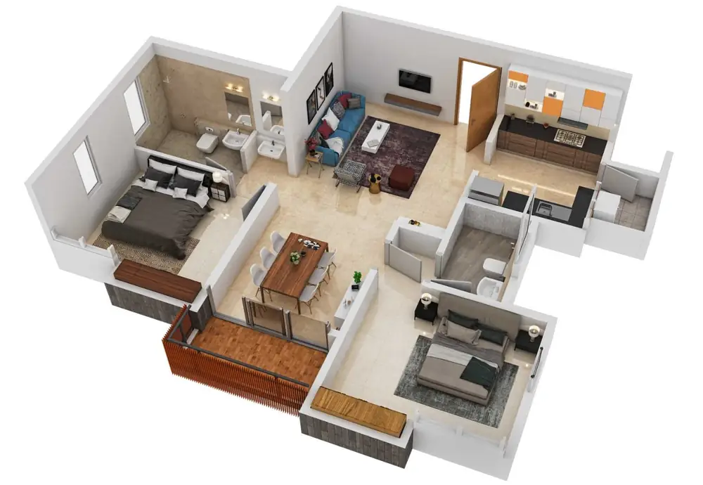 Cutaway three-dimensional view of the two bedroom apartment layout.