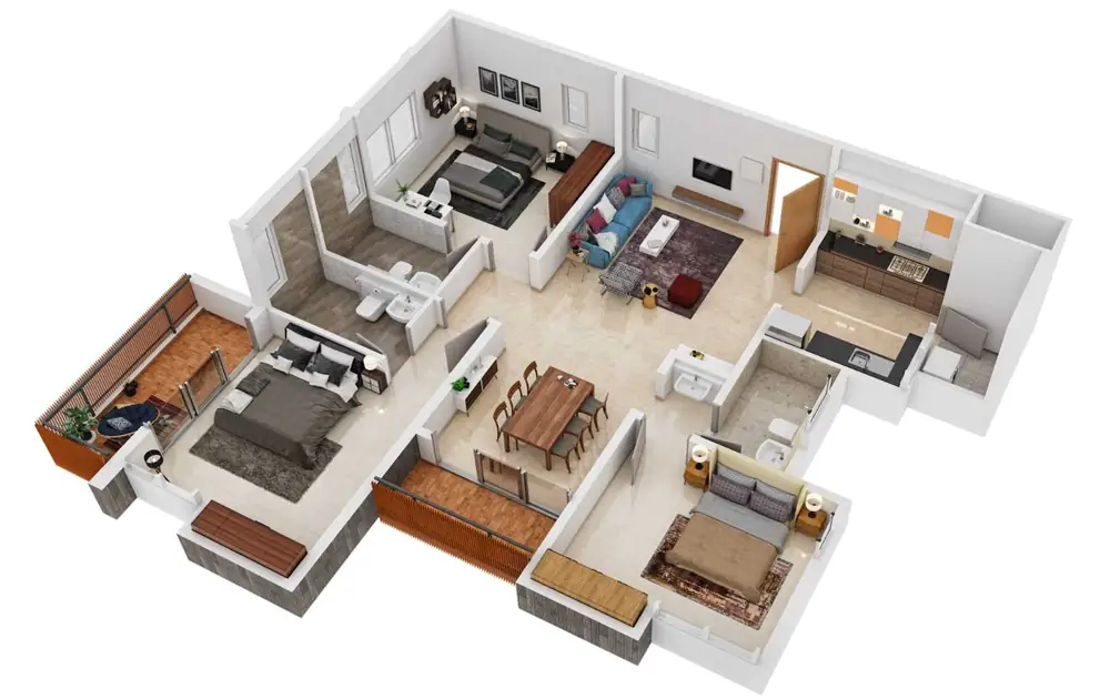 Cutaway three-dimensional view of the three bedroom apartment layout.