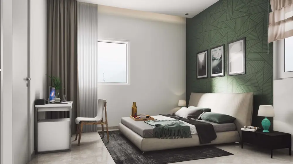 Second bedroom with a bed, study desk and chair beside a window.