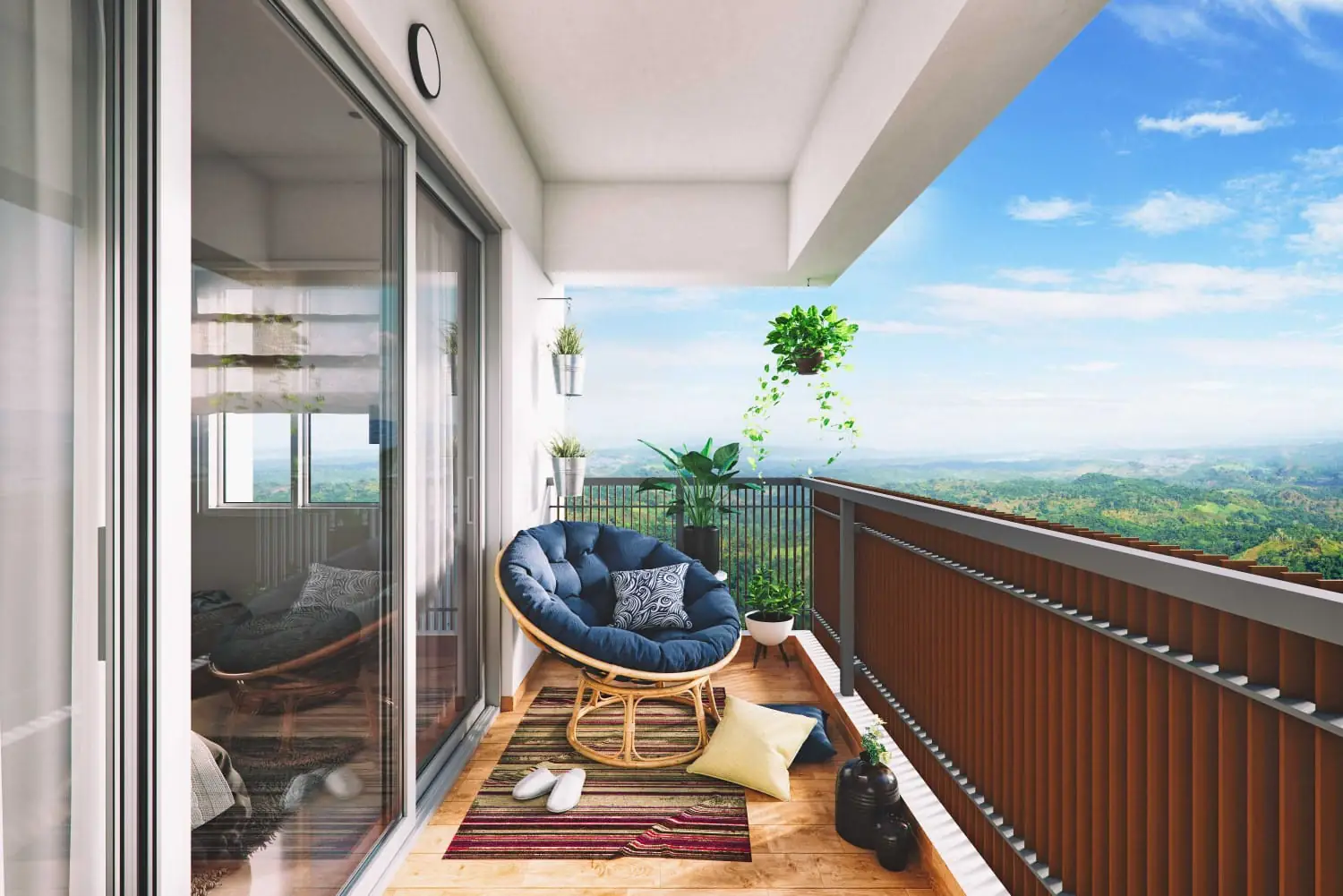 A private deck at Mahindra Lakewoods with seating, plants and an open view across the lake to the hills beyond.