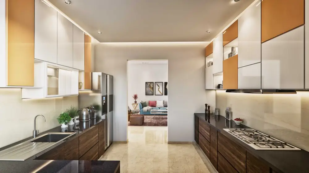Galley kitchen with granite platform, stainless steel sink, hob and overhead cabinets.