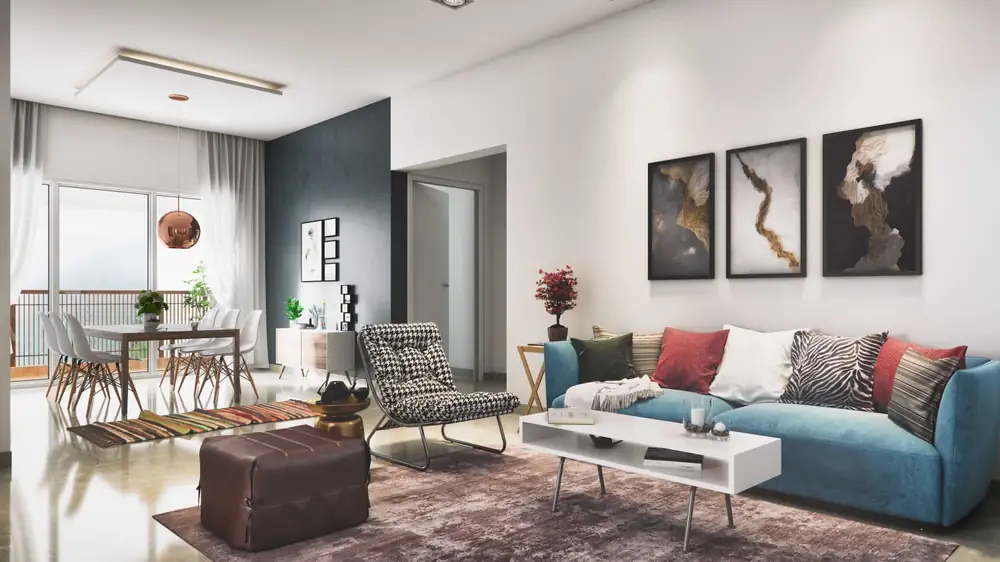 Living and dining area with a sofa, artwork and a dining table beside full-height windows opening to a balcony.