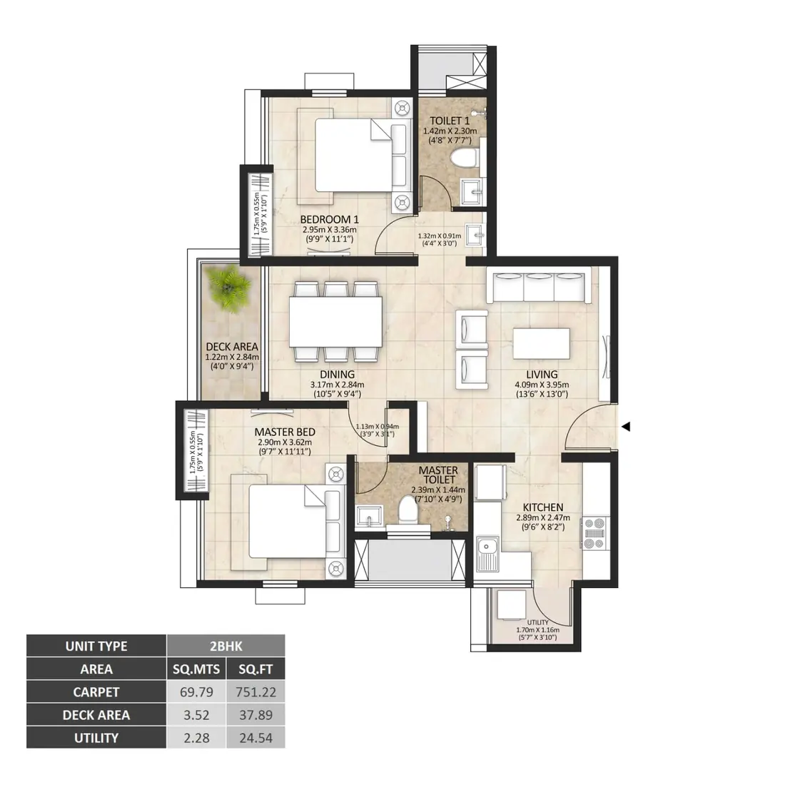 Two bedroom floor plan showing master bedroom, second bedroom, living and dining area, kitchen with utility, two toilets and a deck.