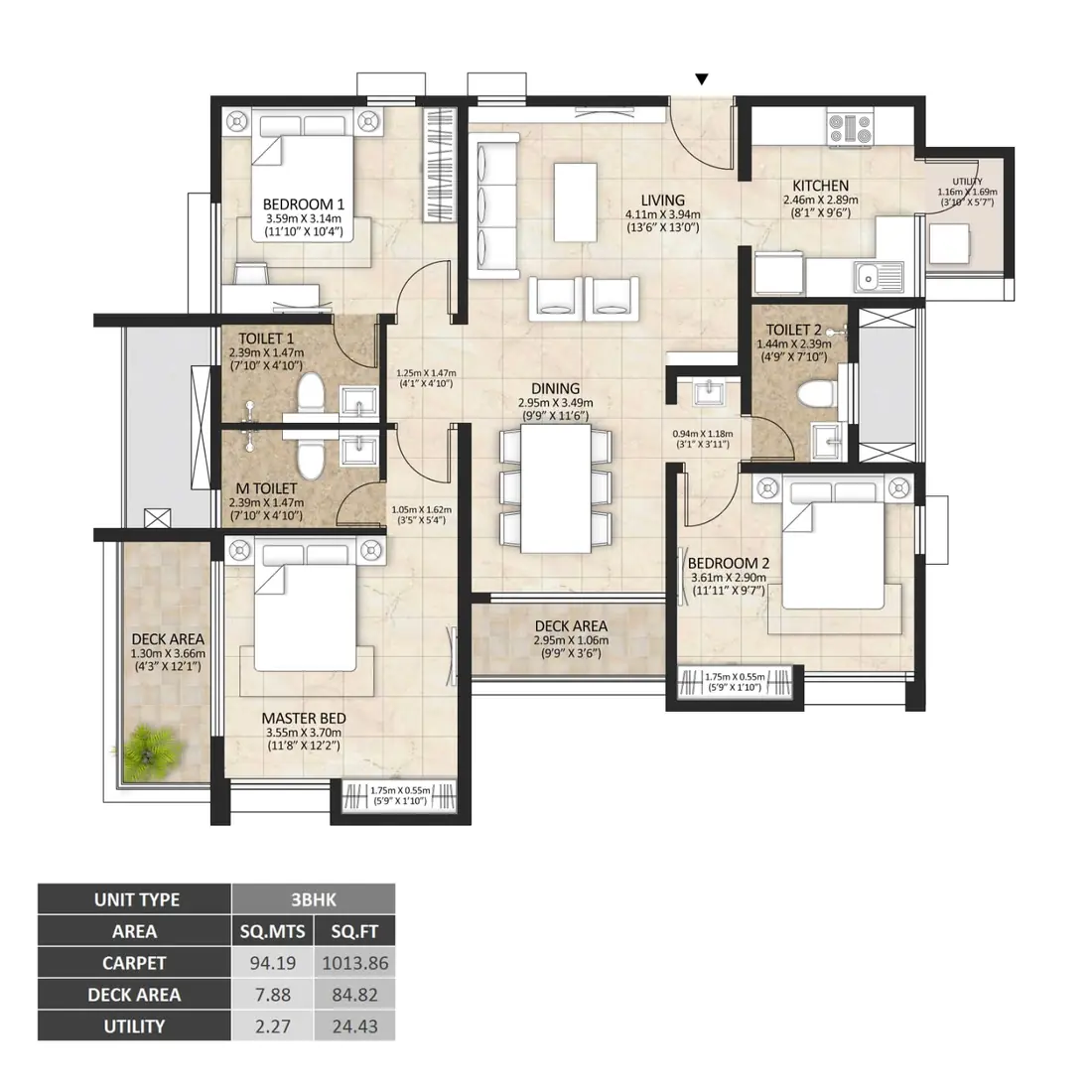 Three bedroom floor plan showing master bedroom with attached toilet, two further bedrooms, living and dining area, kitchen with utility and two decks.