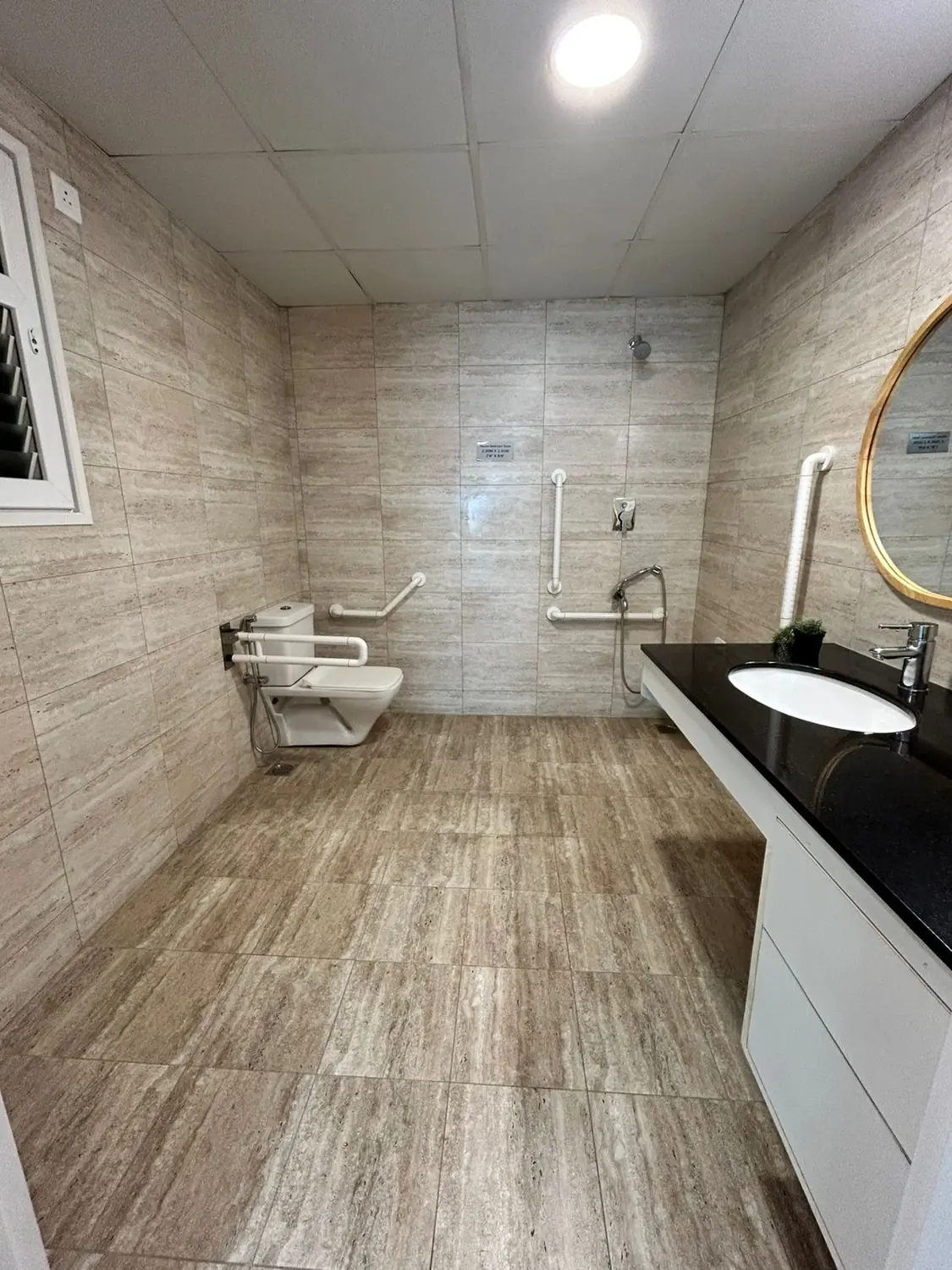 Senior-friendly master bathroom with grab bars and step-free access